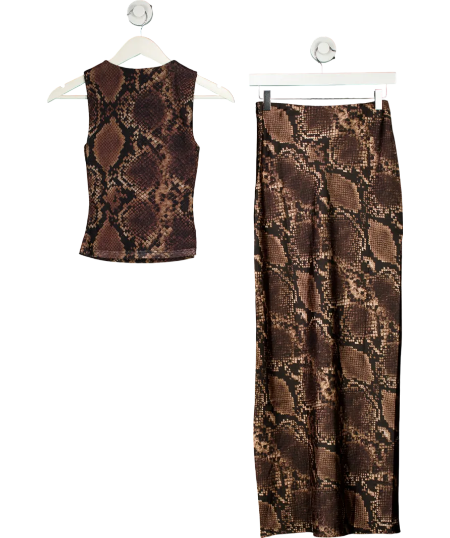 4th & Reckless 2-piece Brown Satin Maxi Skirt In Snake Print And Halter Neck Top set  UK 6