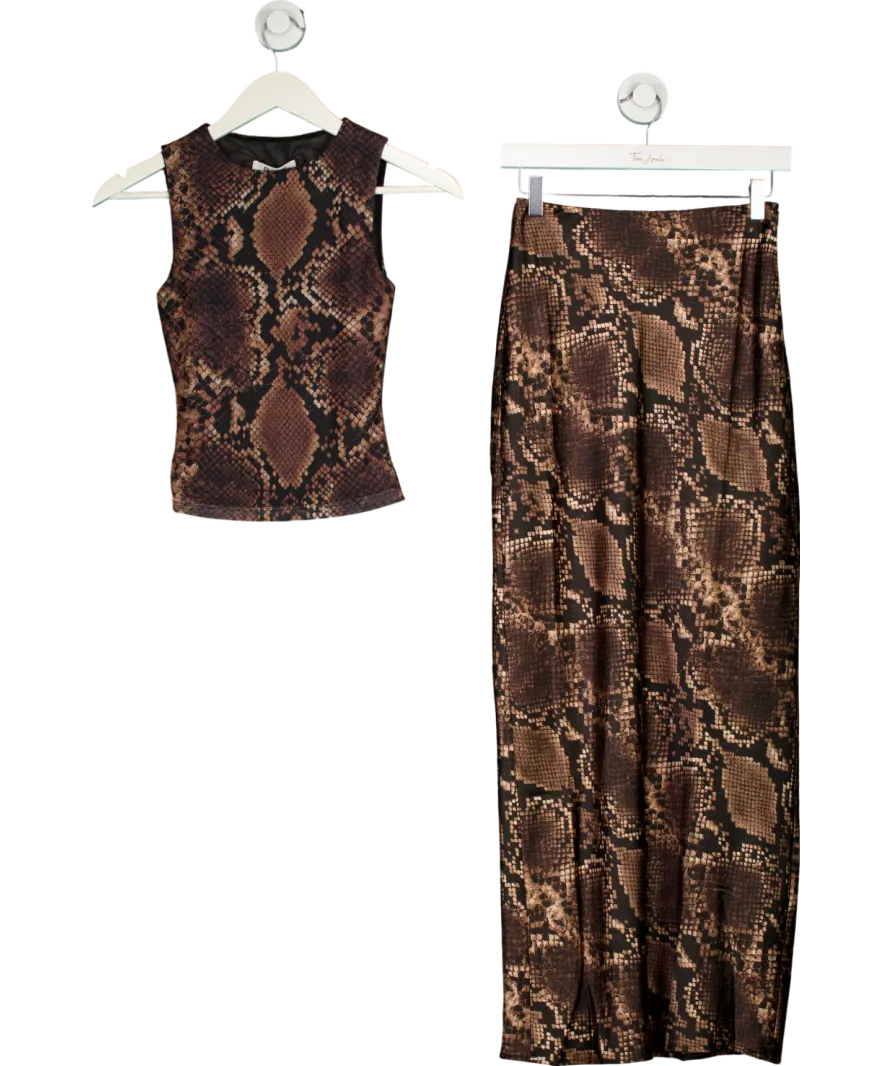 4th & Reckless 2-piece Brown Satin Maxi Skirt In Snake Print And Halter Neck Top set  UK 6