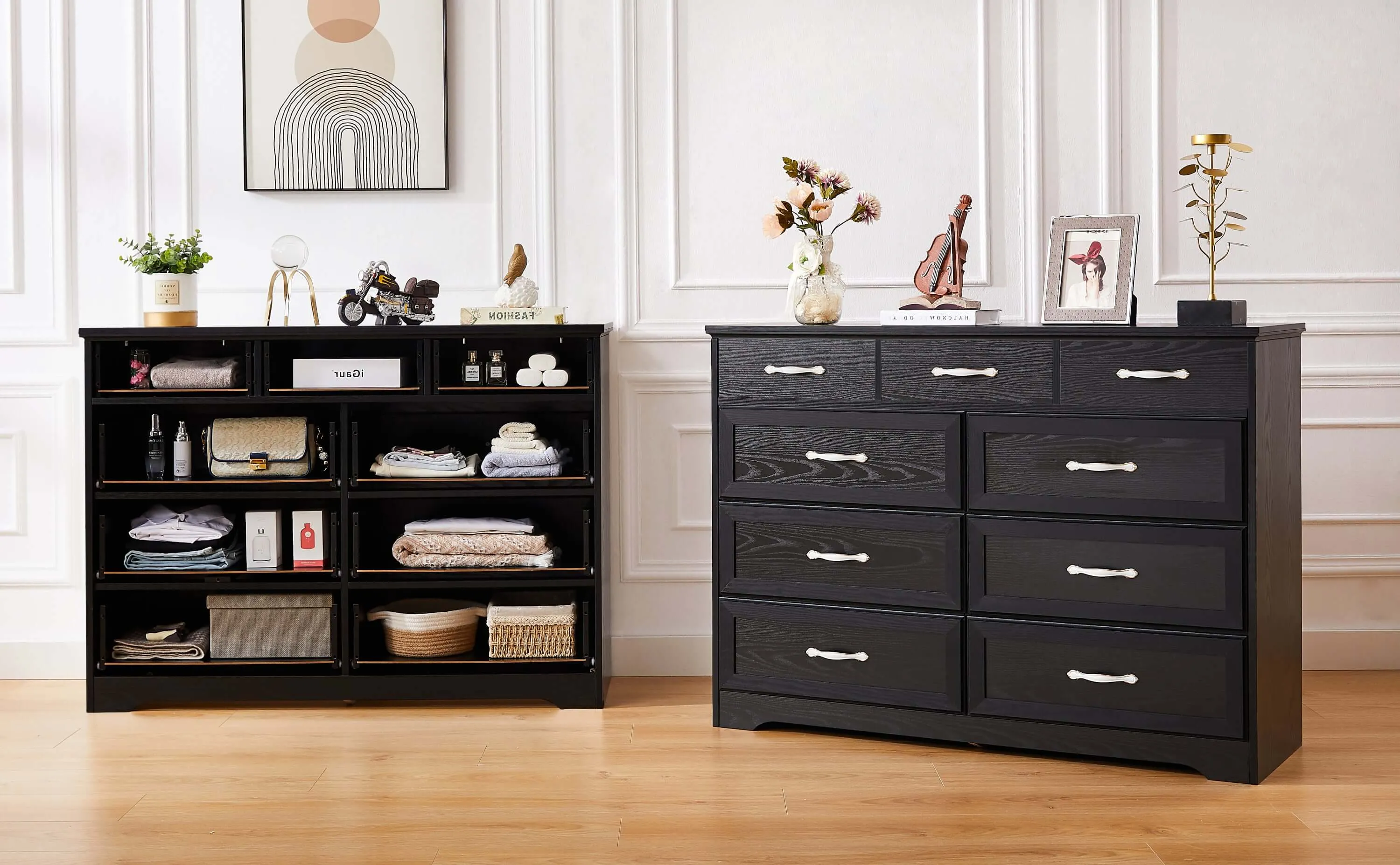 Black 9-Drawer Bedroom Dresser - Antique & Modern Style