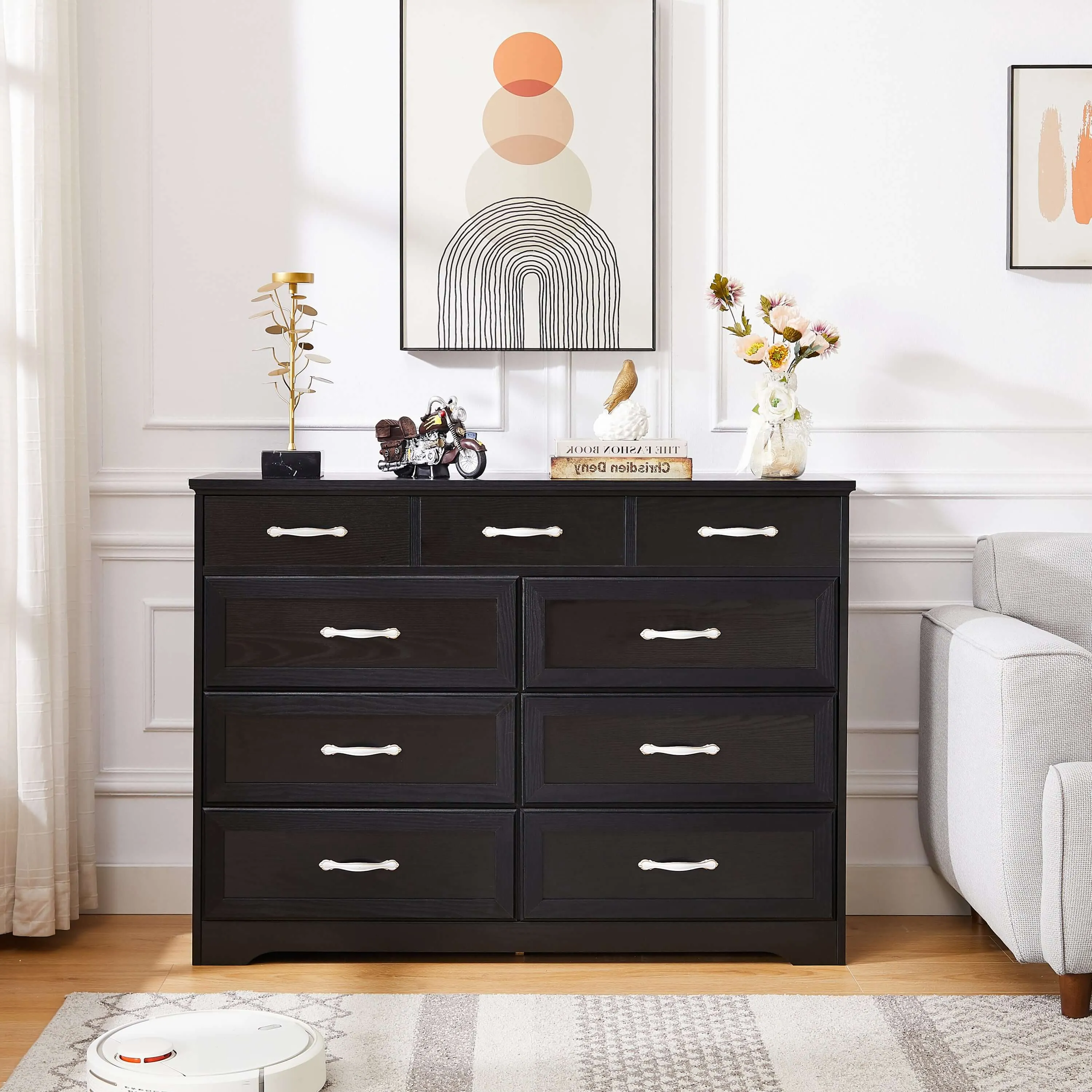 Black 9-Drawer Bedroom Dresser - Antique & Modern Style
