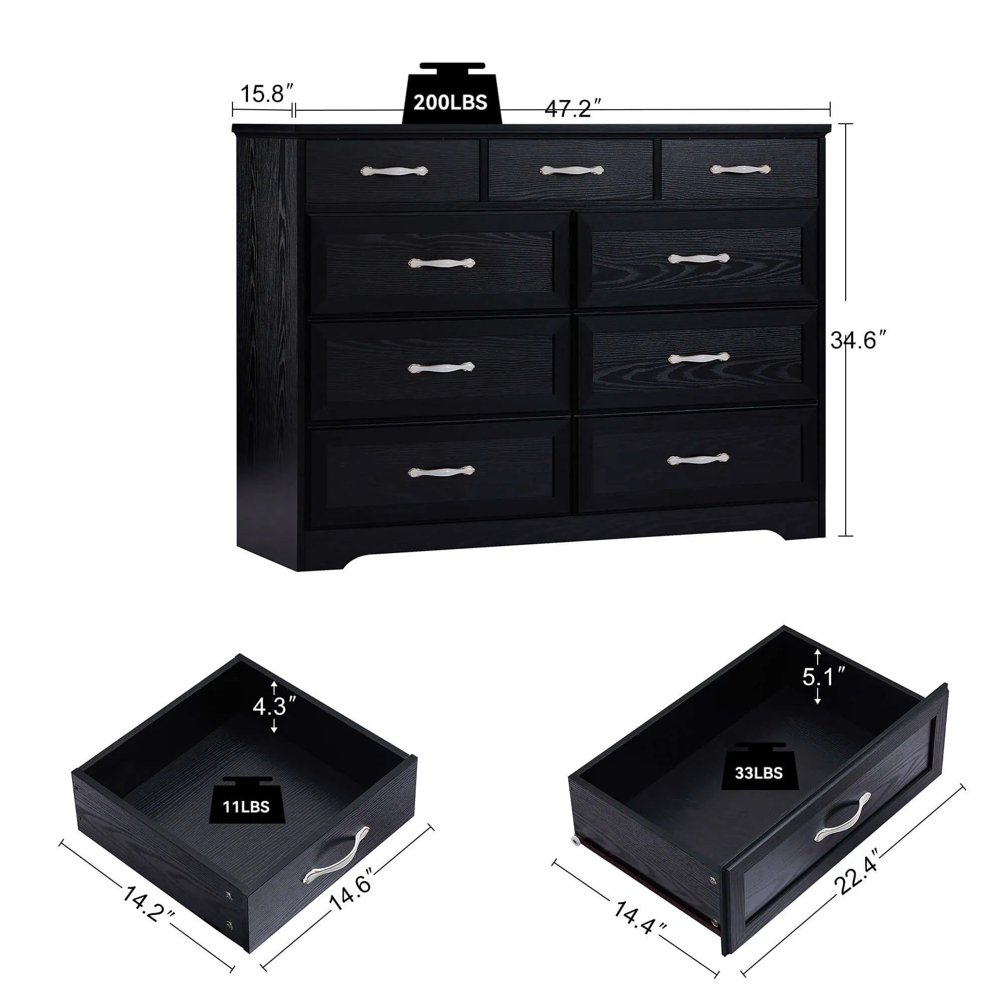 Black 9-Drawer Bedroom Dresser - Antique & Modern Style