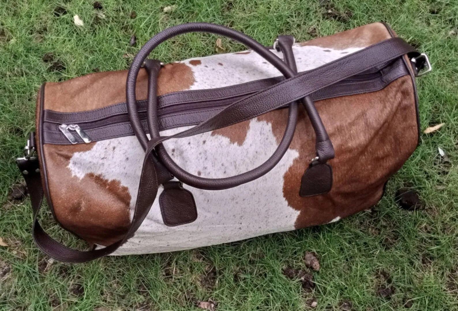 Brown White Cowhide Duffel Bag