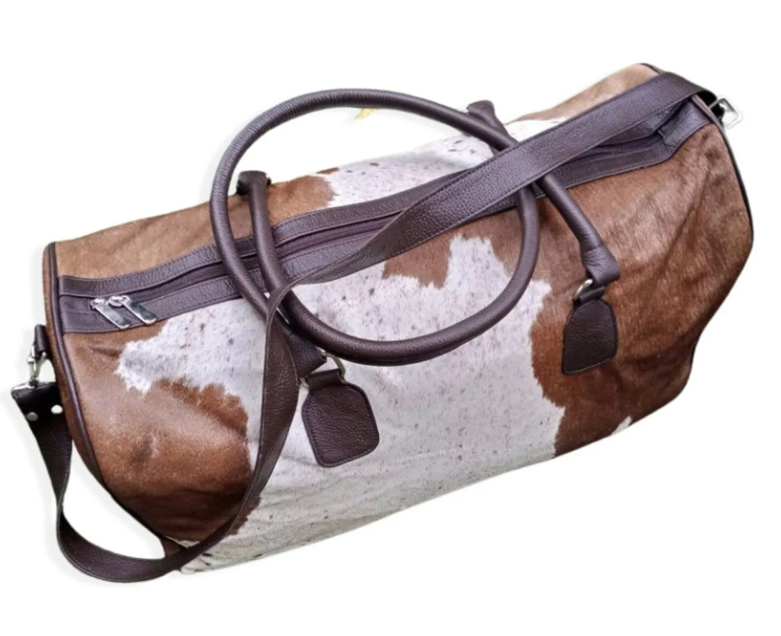 Brown White Cowhide Duffel Bag