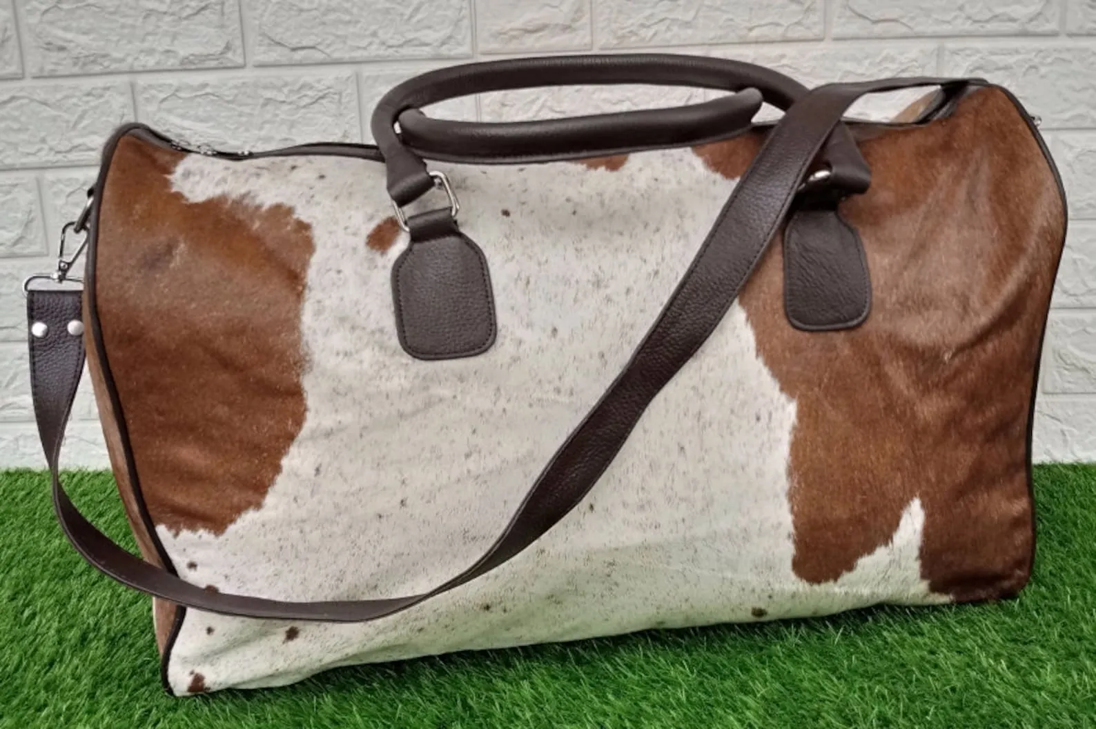 Brown White Cowhide Duffel Bag