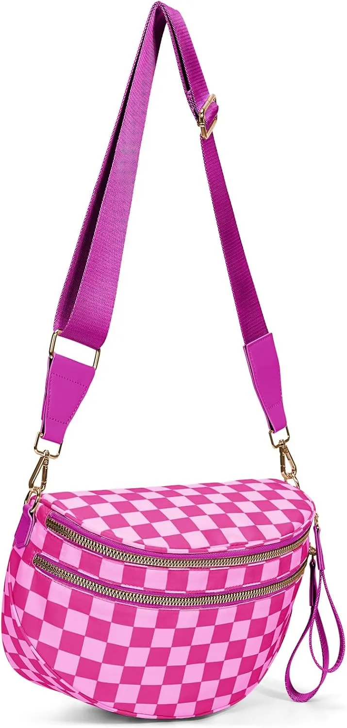 Bum Bags for Women Crossbody,Nylon Checkered Crossbody Bag Large Sling Bag Checkered Purse Oversized Slouchy Belt Bag