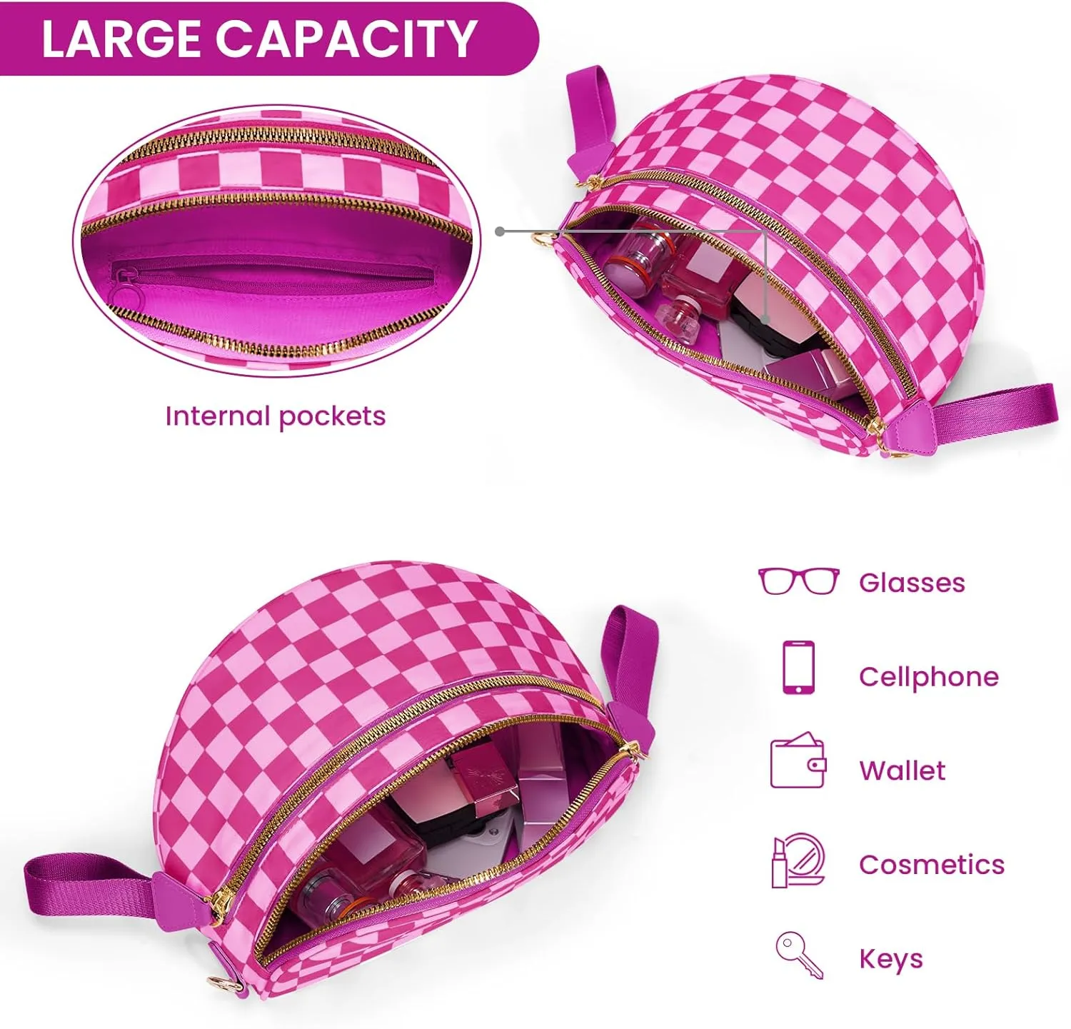 Bum Bags for Women Crossbody,Nylon Checkered Crossbody Bag Large Sling Bag Checkered Purse Oversized Slouchy Belt Bag