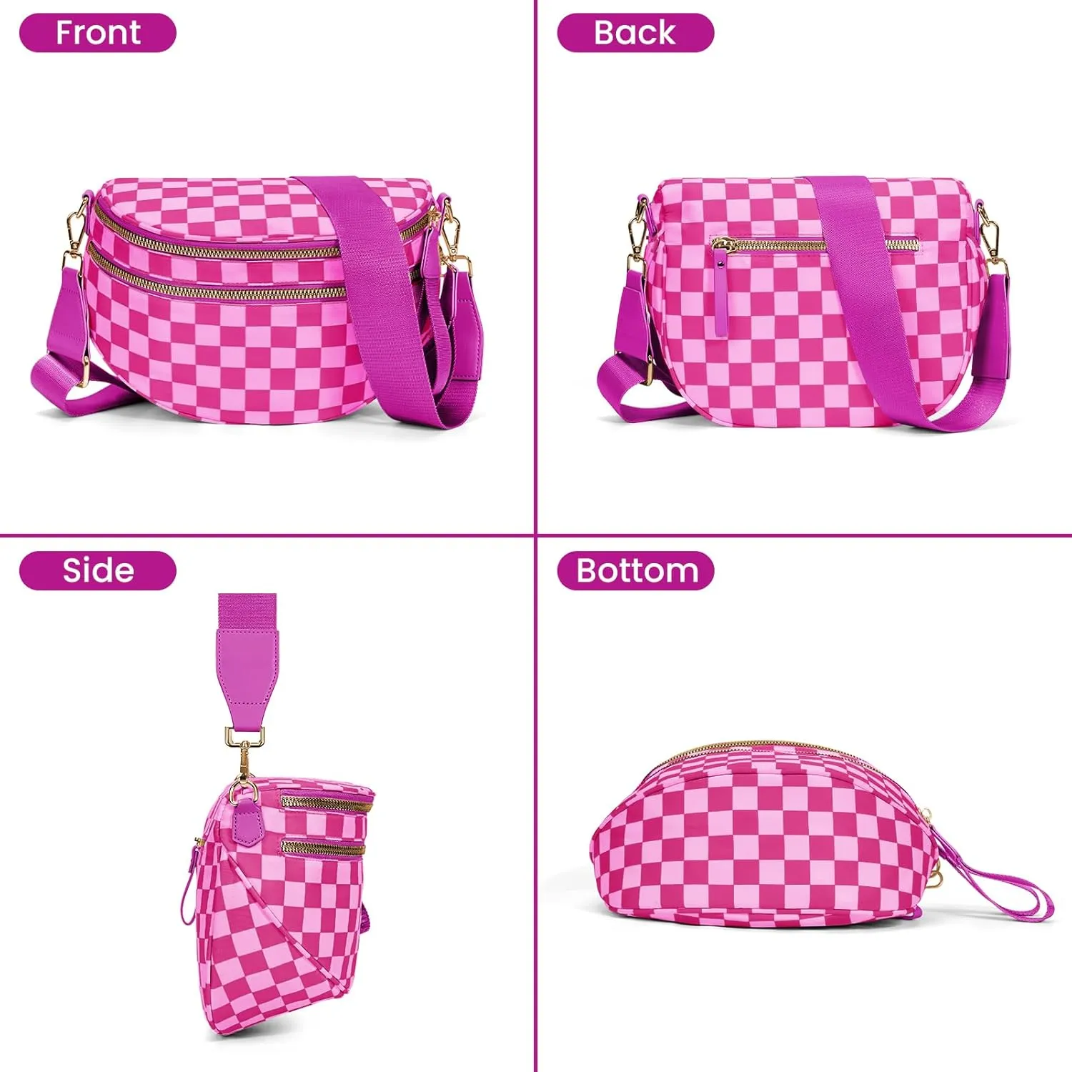 Bum Bags for Women Crossbody,Nylon Checkered Crossbody Bag Large Sling Bag Checkered Purse Oversized Slouchy Belt Bag