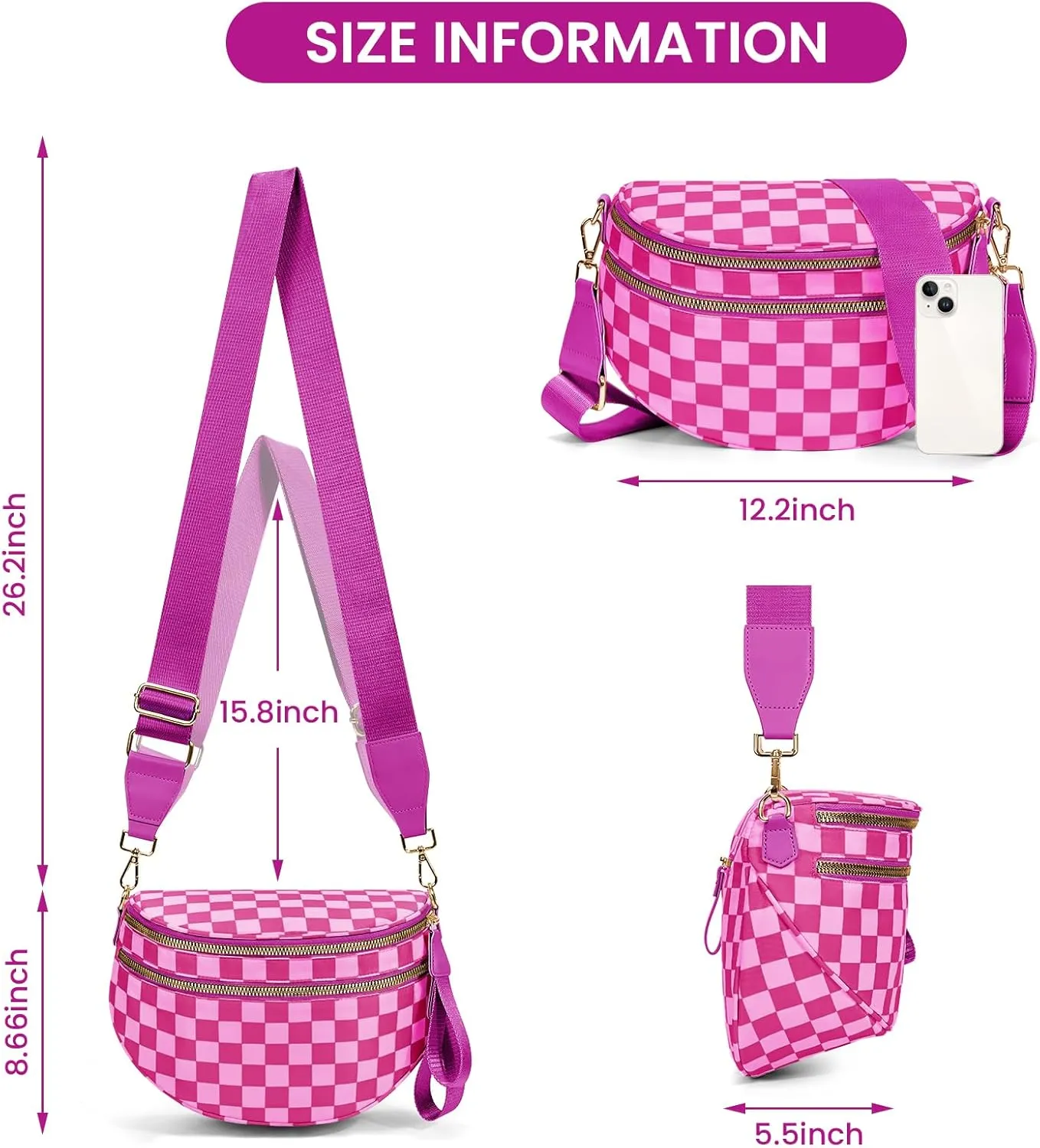 Bum Bags for Women Crossbody,Nylon Checkered Crossbody Bag Large Sling Bag Checkered Purse Oversized Slouchy Belt Bag