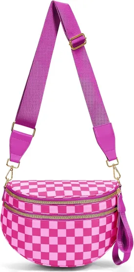 Bum Bags for Women Crossbody,Nylon Checkered Crossbody Bag Large Sling Bag Checkered Purse Oversized Slouchy Belt Bag