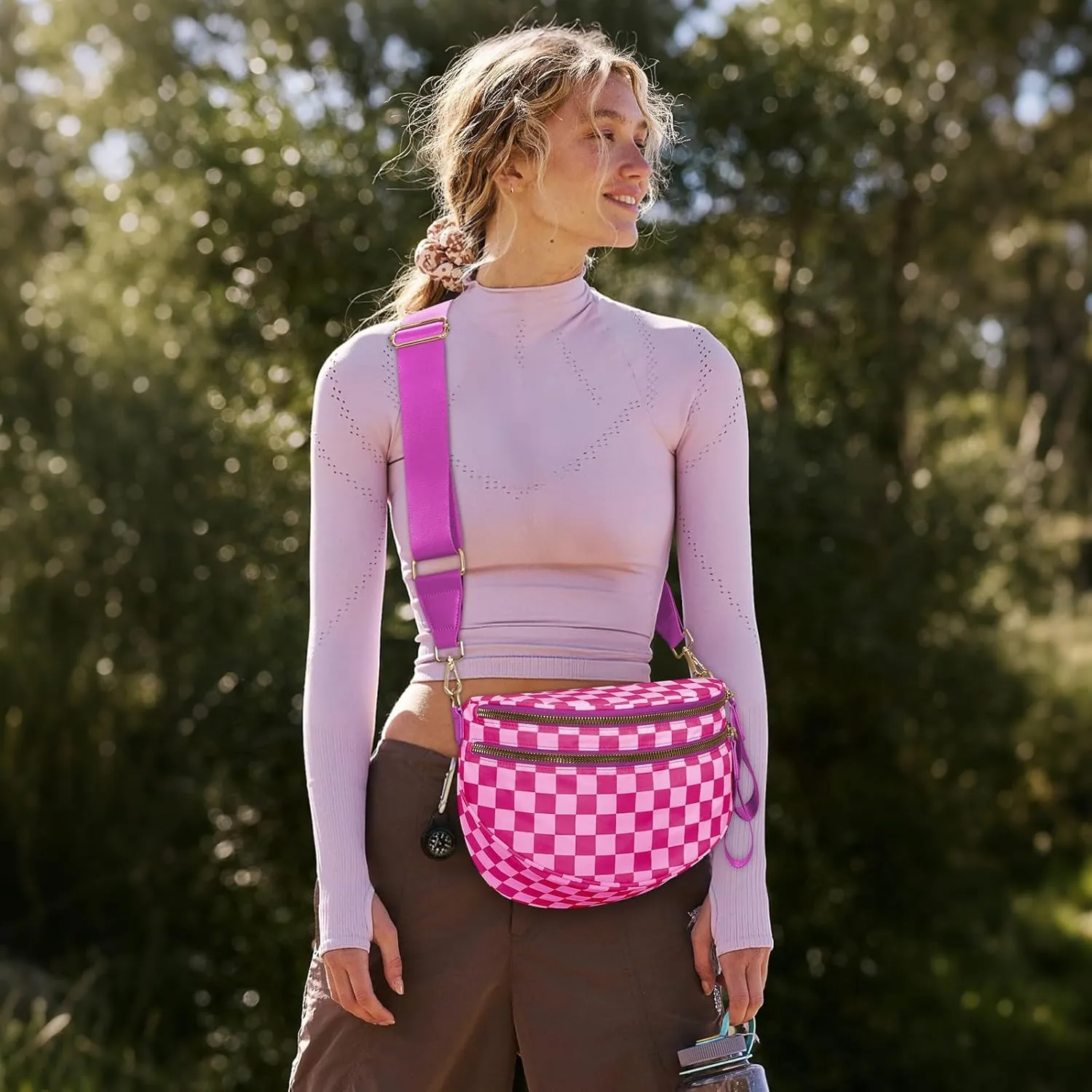 Bum Bags for Women Crossbody,Nylon Checkered Crossbody Bag Large Sling Bag Checkered Purse Oversized Slouchy Belt Bag