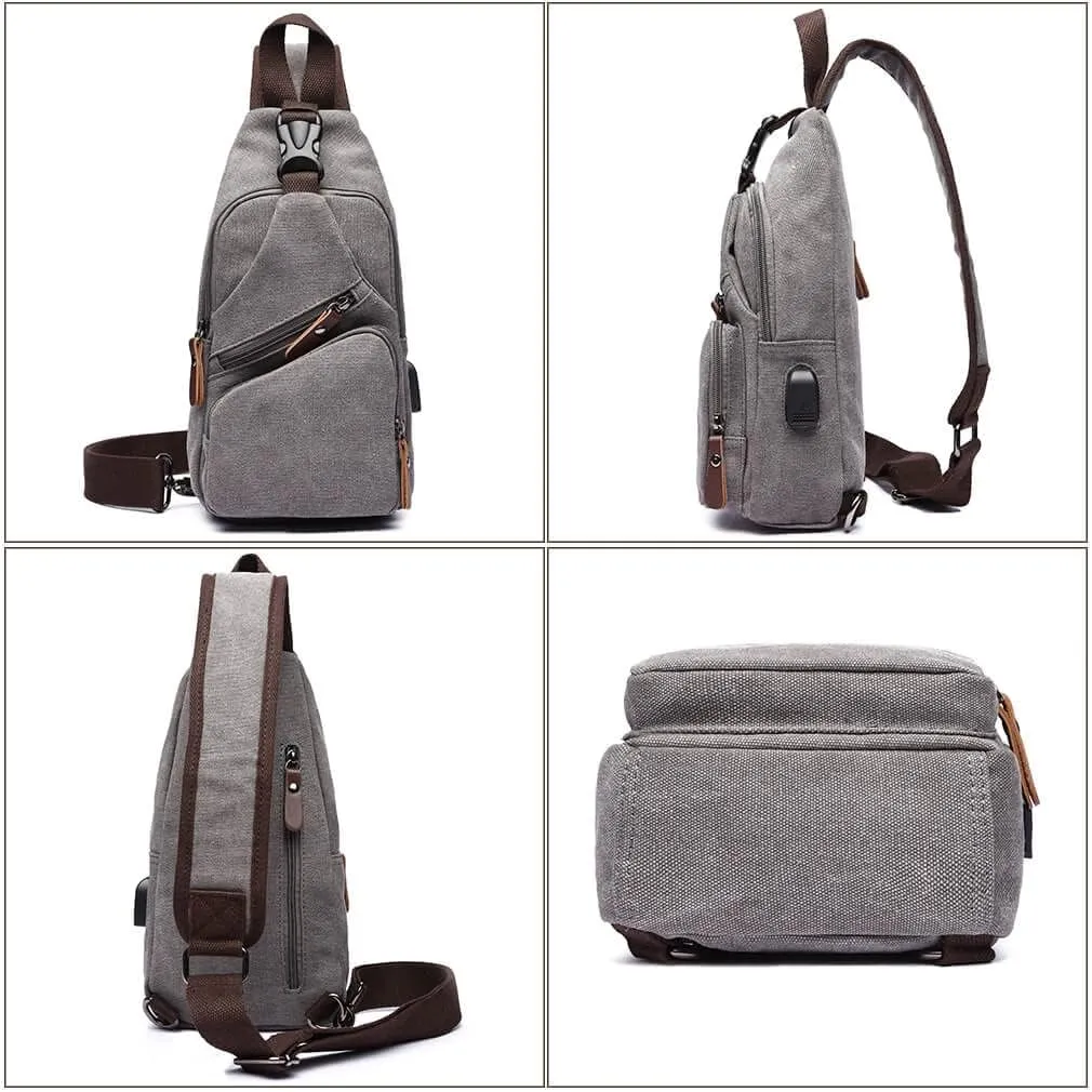 Canvas Sling Bag Crossbody Backpack Shoulder Casual Rucksack for Men Women Outdoor Cycling Hiking Travel Fishing Grey