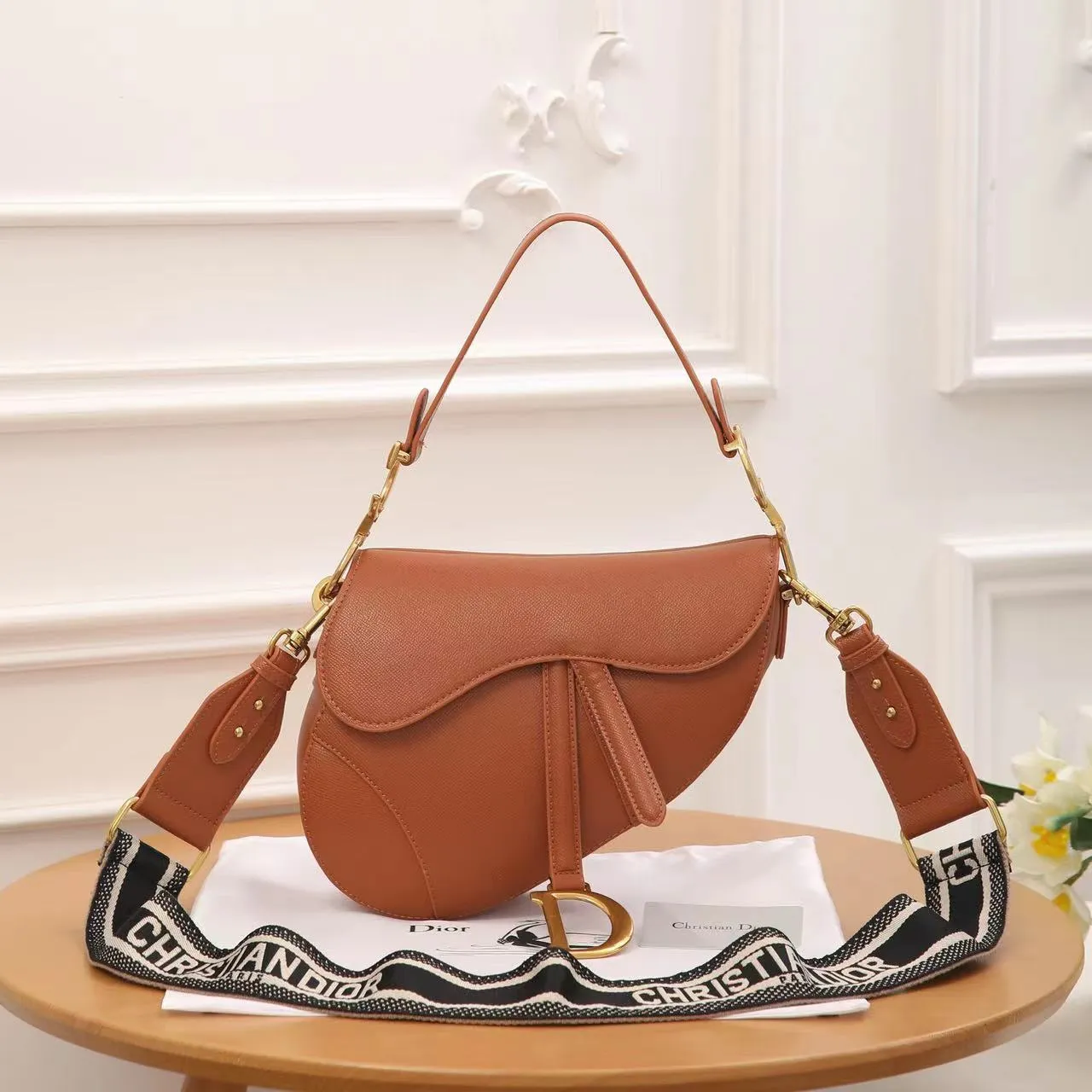 CD Calfskin Leather Saddle Bag With Strap