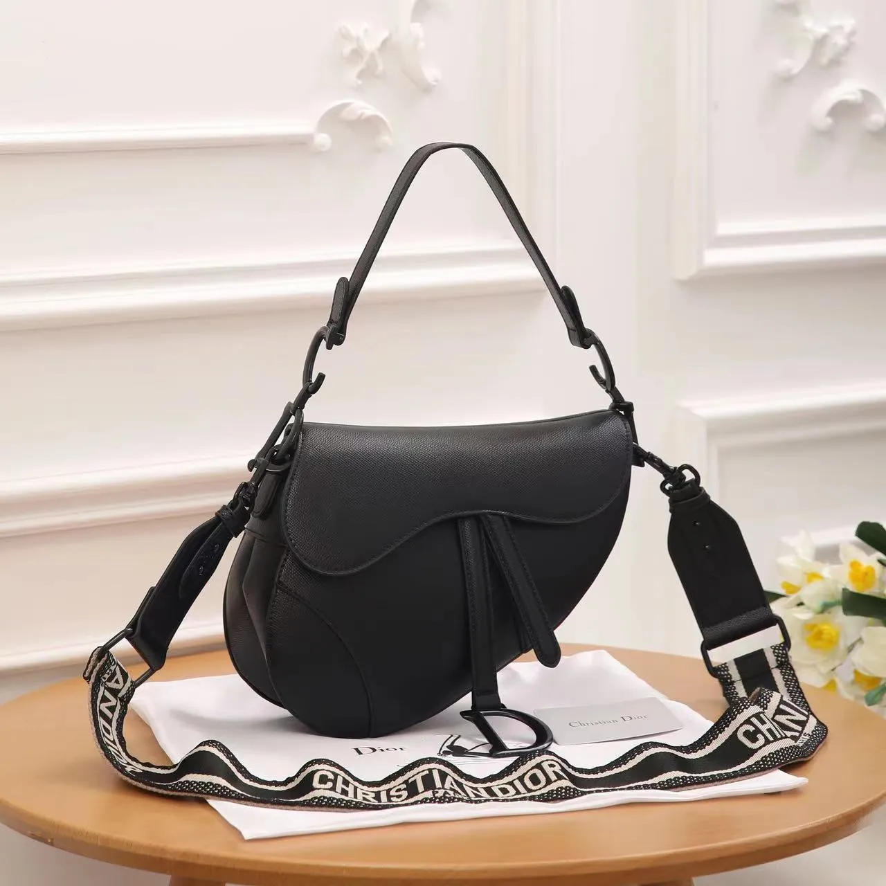 CD Calfskin Leather Saddle Bag With Strap