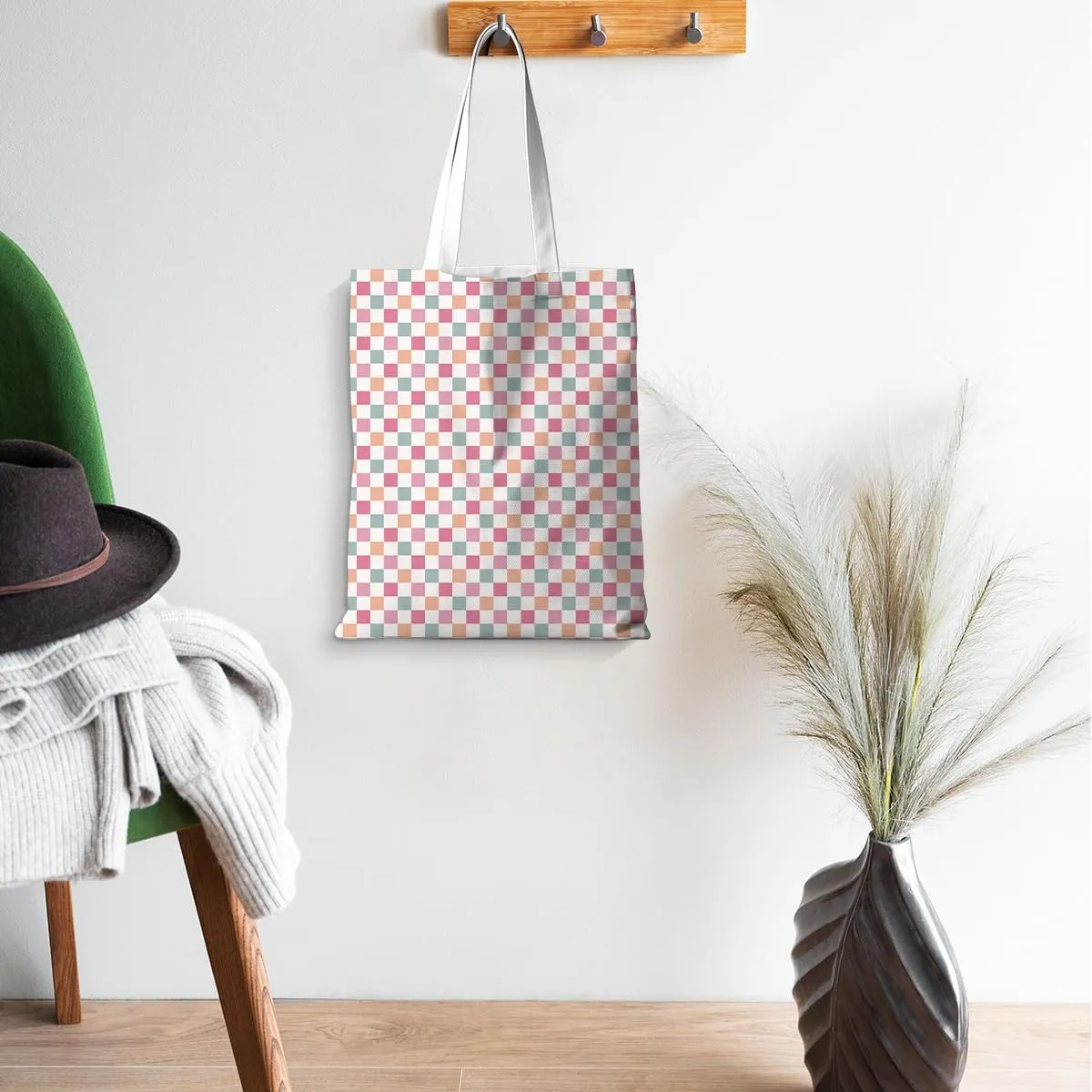 Checkered Tote Bag for Women Girls Friend Sister Vintage Plaid Beach Bag Classic Checkerboard Reusable Grocery Bags