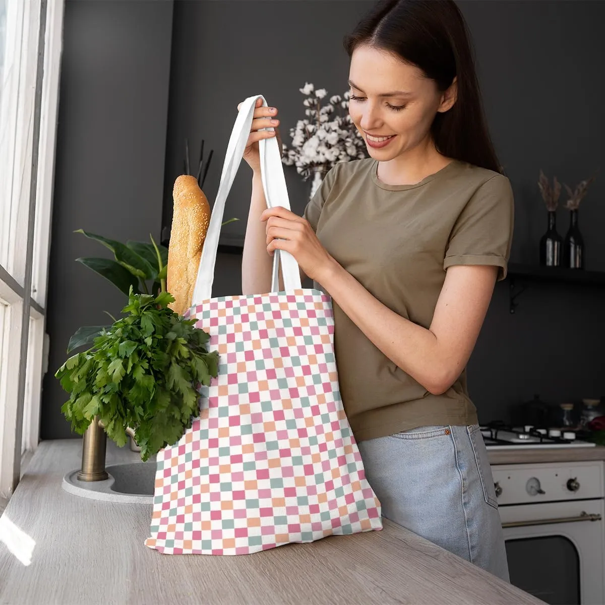 Checkered Tote Bag for Women Girls Friend Sister Vintage Plaid Beach Bag Classic Checkerboard Reusable Grocery Bags