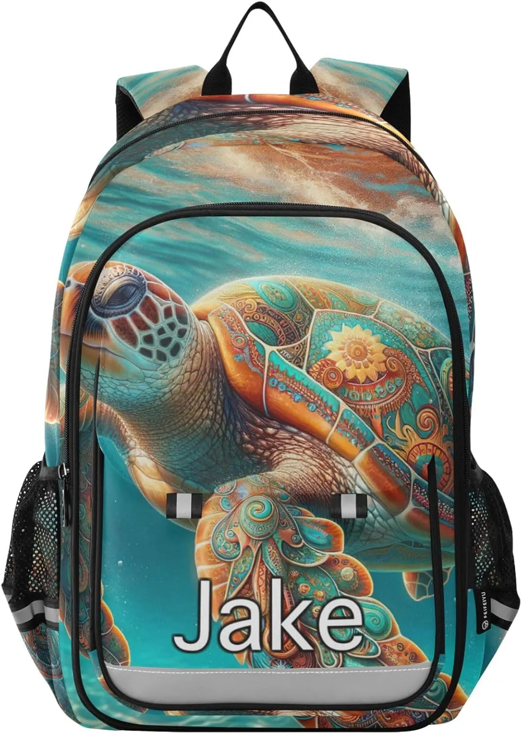 CHIFIGNO Boho Sea Turtle Monogram Backpack Kids, Custom Name Large Backpack, Durable Breathable Back, Age 6-12