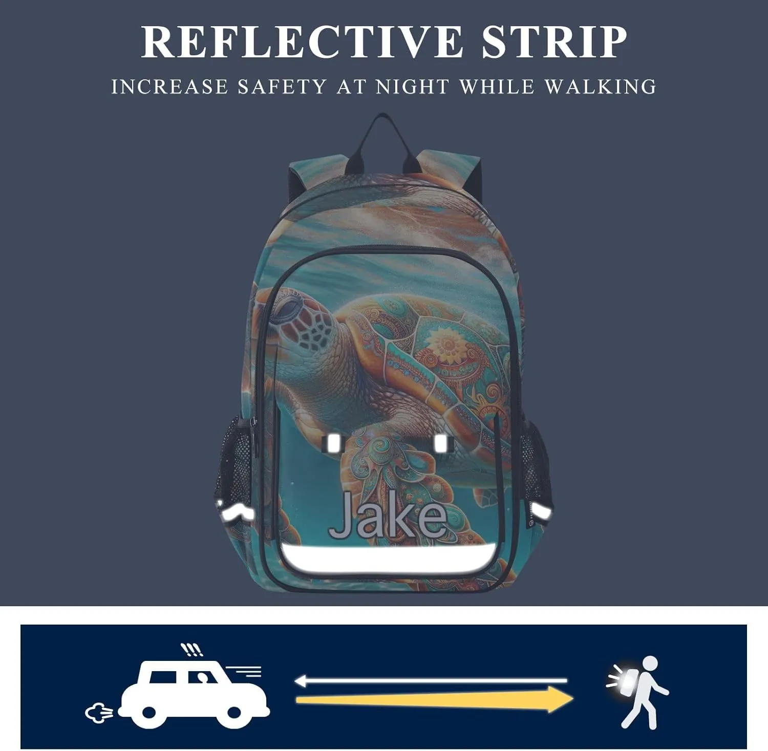 CHIFIGNO Boho Sea Turtle Monogram Backpack Kids, Custom Name Large Backpack, Durable Breathable Back, Age 6-12