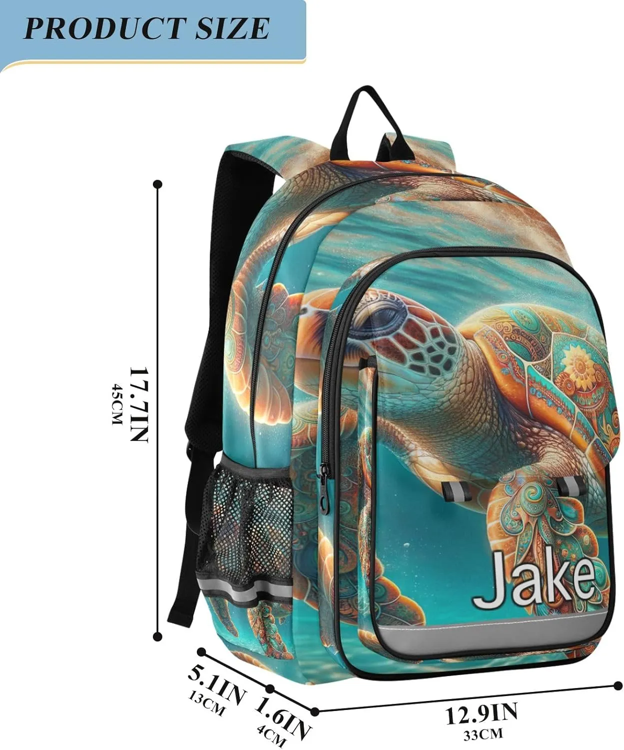CHIFIGNO Boho Sea Turtle Monogram Backpack Kids, Custom Name Large Backpack, Durable Breathable Back, Age 6-12
