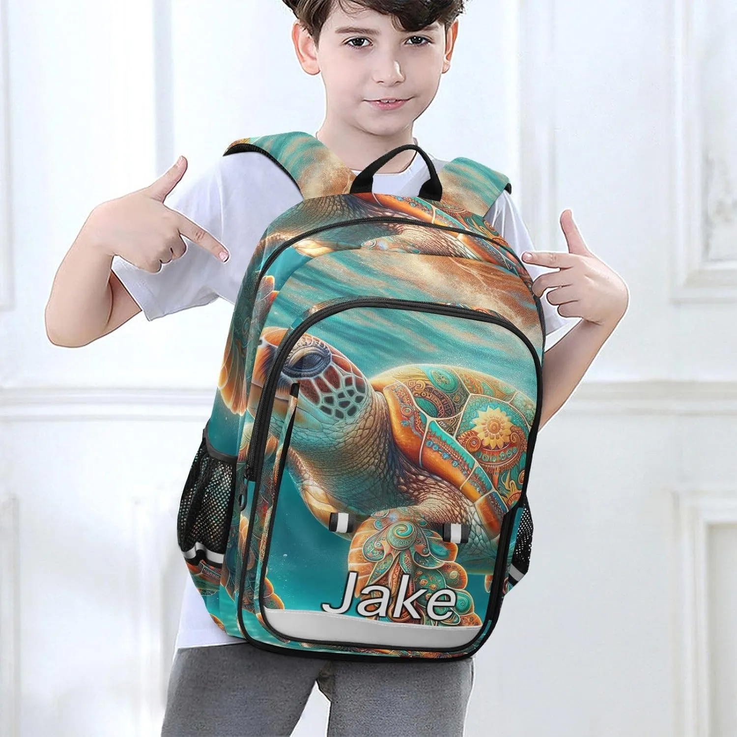 CHIFIGNO Boho Sea Turtle Monogram Backpack Kids, Custom Name Large Backpack, Durable Breathable Back, Age 6-12