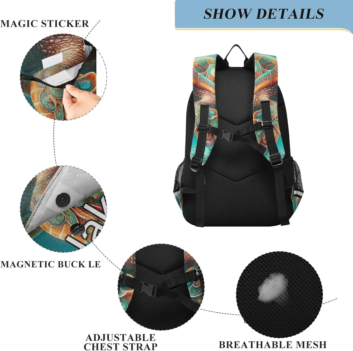 CHIFIGNO Boho Sea Turtle Monogram Backpack Kids, Custom Name Large Backpack, Durable Breathable Back, Age 6-12