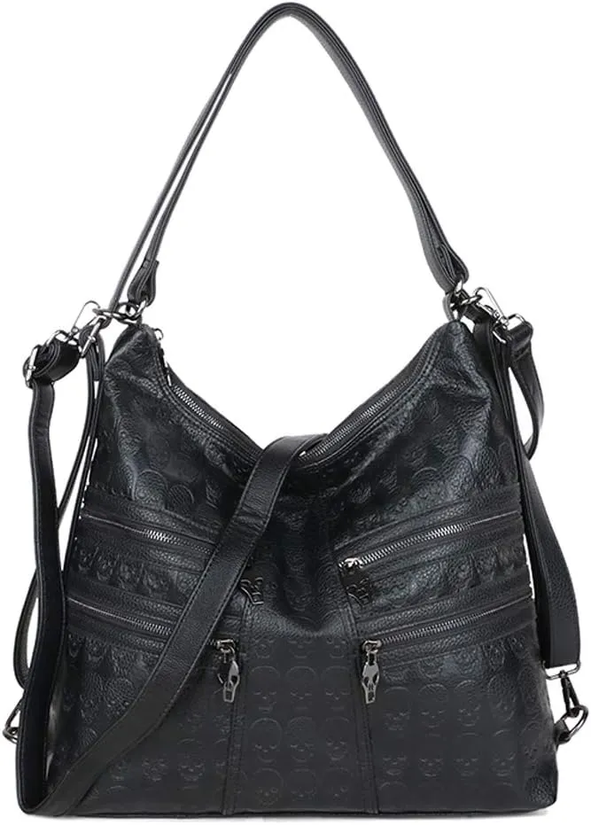 Chikencall Over-size Skull Print Bucket Bag or Women 3 Ways Multifunction Backpack Shoulder Bag Vegan Leather Punk Rock Large Crossbody Bag Black-Skull-print