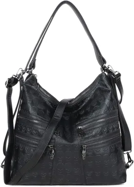 Chikencall Over-size Skull Print Bucket Bag or Women 3 Ways Multifunction Backpack Shoulder Bag Vegan Leather Punk Rock Large Crossbody Bag Black-Skull-print