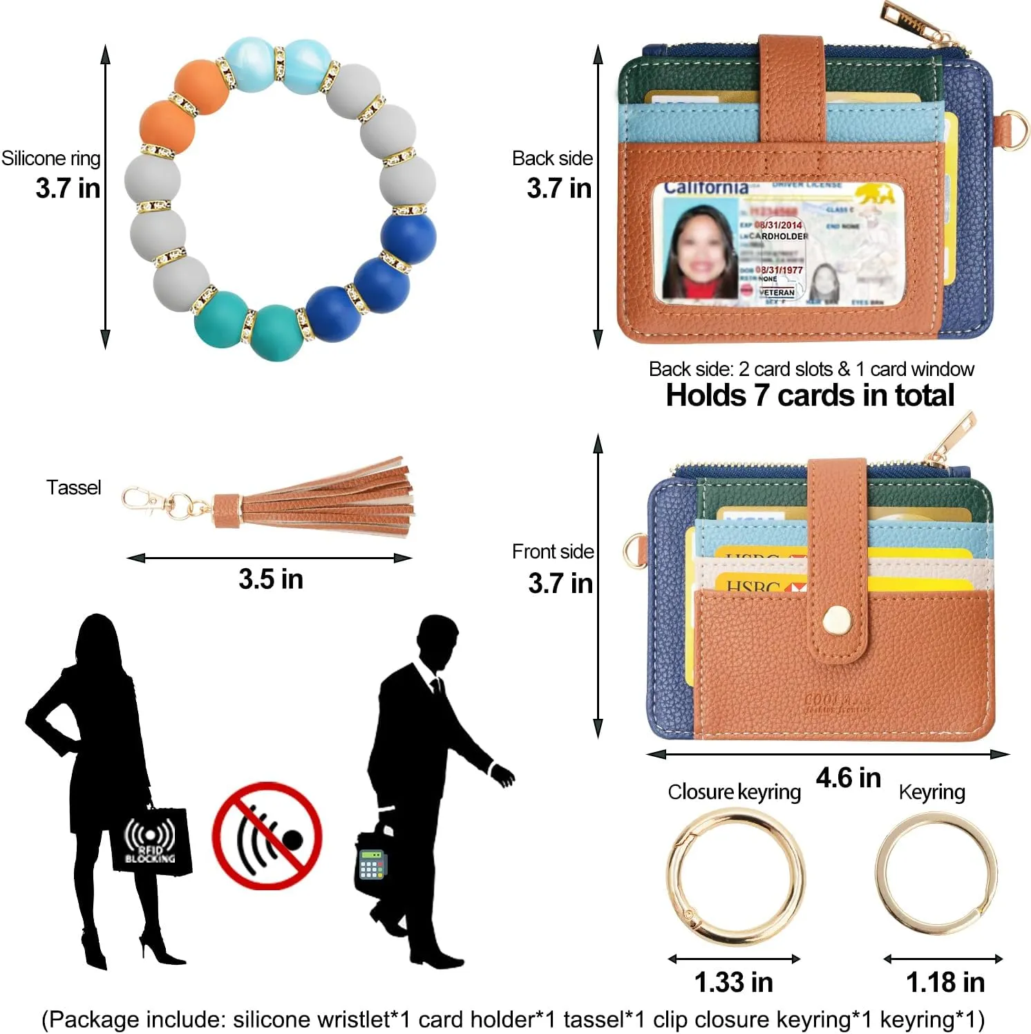 COOLANS Silicone Bracelet Wristlet Wallet Credit Card Holder RFID,ID Window,Key Ring Tassel,Slim Wallet Women Keychain Purse