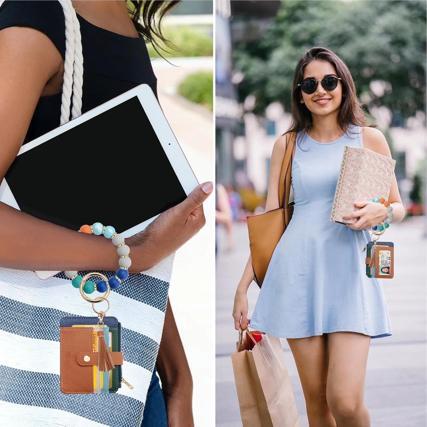 COOLANS Silicone Bracelet Wristlet Wallet Credit Card Holder RFID,ID Window,Key Ring Tassel,Slim Wallet Women Keychain Purse