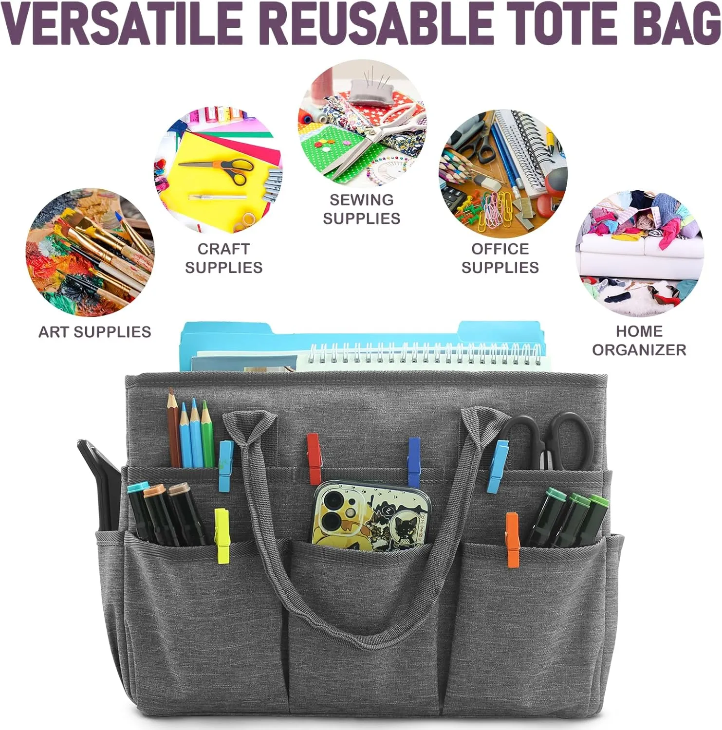 Cupohus Art Organizer Craft Storage Tote Bag with Pockets and Handles, Oxford Fabric Carrying Caddy for Teacher, Officer, Artist, Students, Traveler, and more Grey