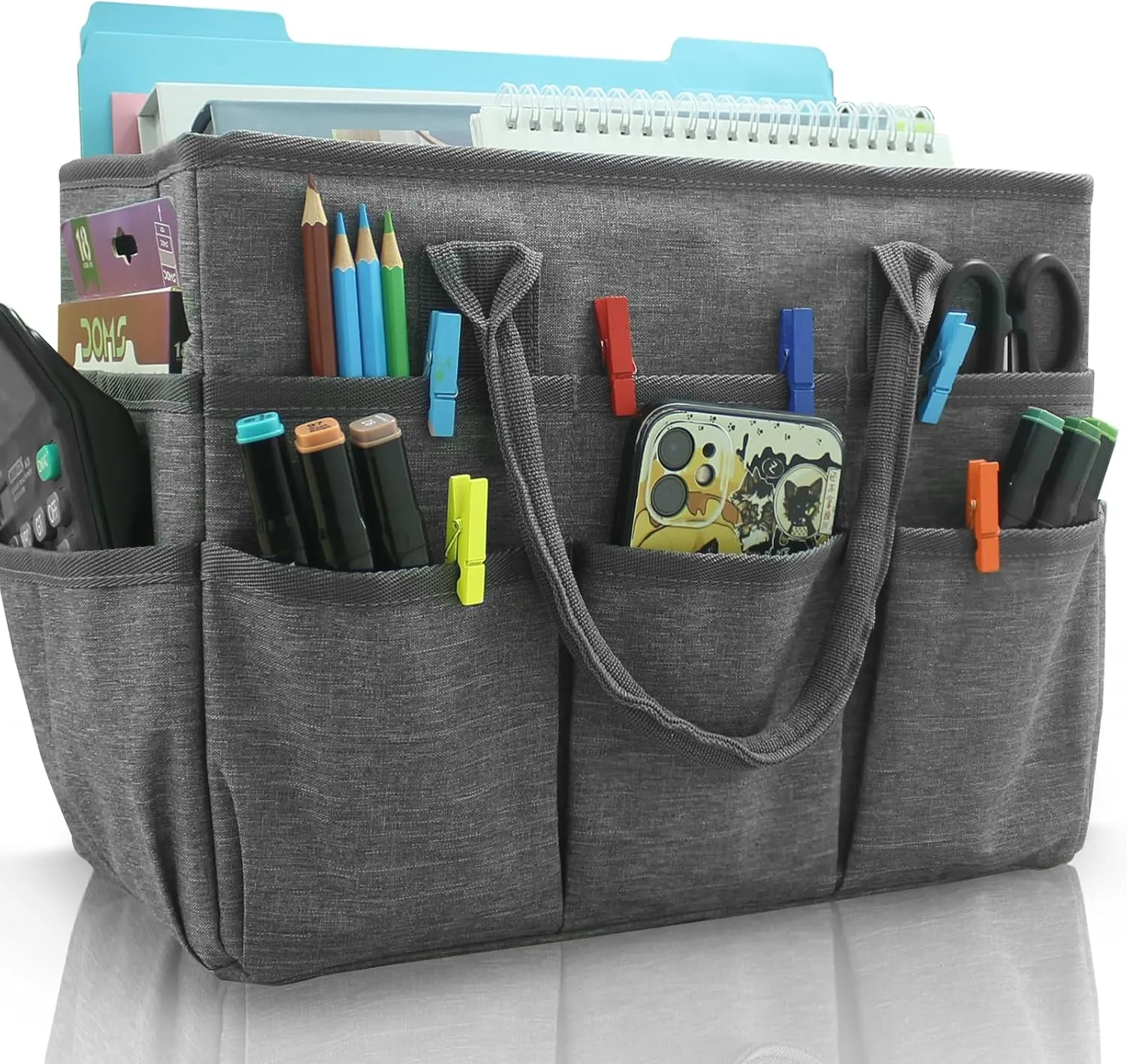 Cupohus Art Organizer Craft Storage Tote Bag with Pockets and Handles, Oxford Fabric Carrying Caddy for Teacher, Officer, Artist, Students, Traveler, and more Grey