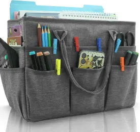 Cupohus Art Organizer Craft Storage Tote Bag with Pockets and Handles, Oxford Fabric Carrying Caddy for Teacher, Officer, Artist, Students, Traveler, and more Grey