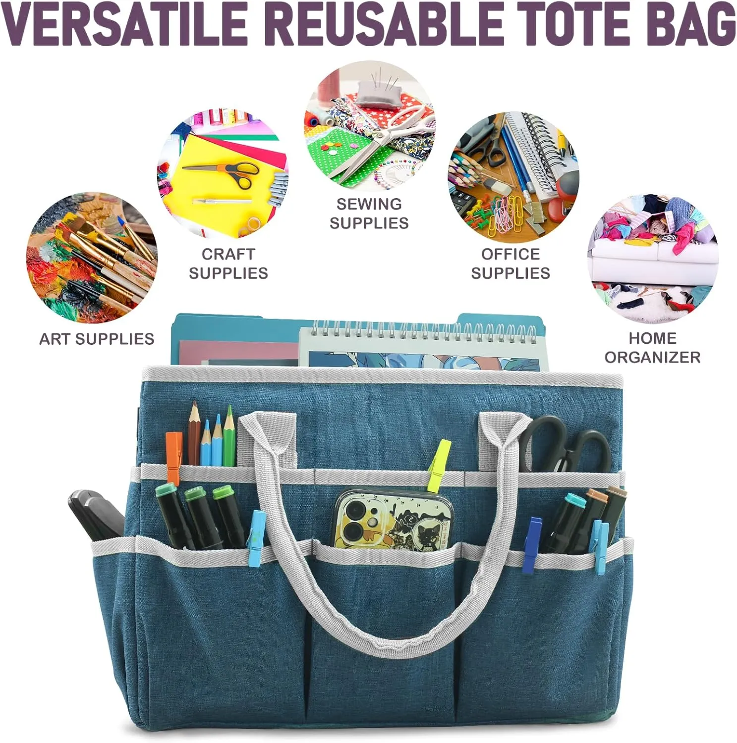 Cupohus Art Organizer Craft Storage Tote Bag with Pockets and Handles, Oxford Fabric Carrying Caddy for Teacher, Officer, Artist, Traveler, and more Dark Green