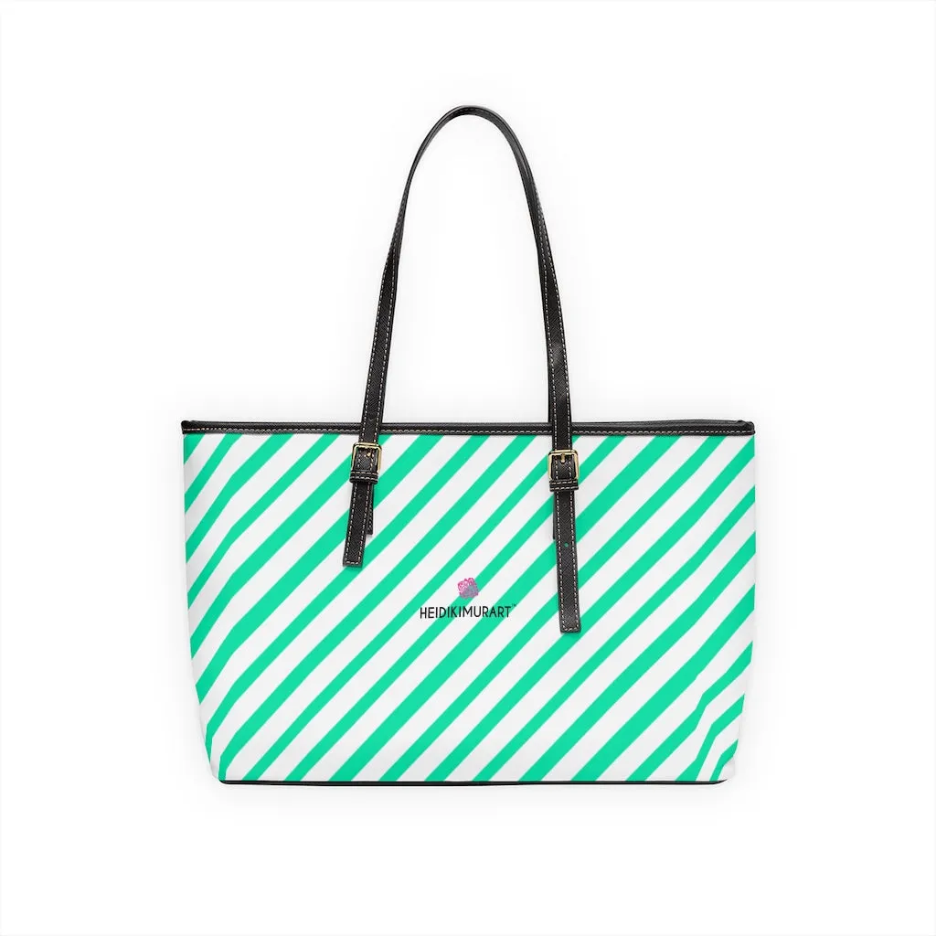 Diagonal Blue Stripes Tote Bag, Best Designer PU Leather Shoulder Hand Work Bag 17"x11"/ 16"x10"