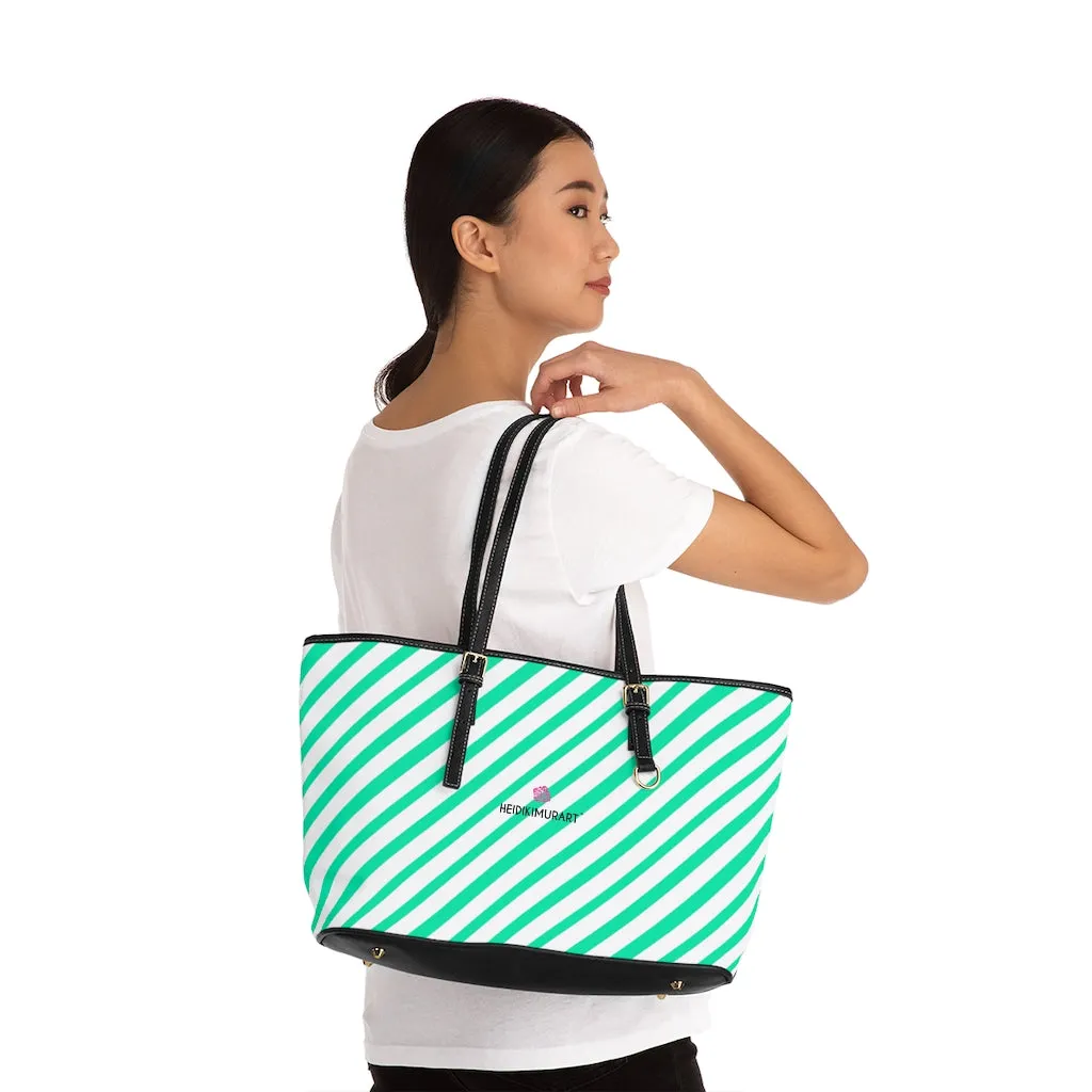 Diagonal Blue Stripes Tote Bag, Best Designer PU Leather Shoulder Hand Work Bag 17"x11"/ 16"x10"