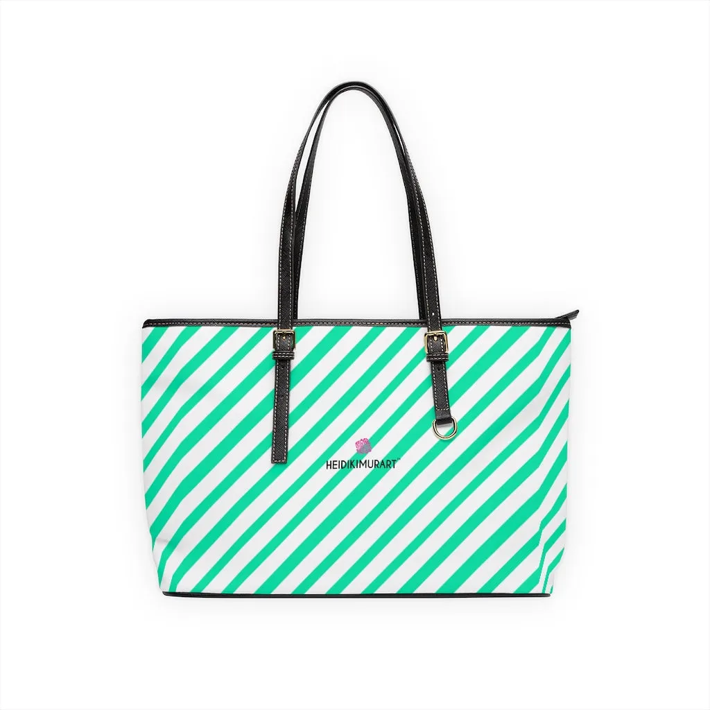 Diagonal Blue Stripes Tote Bag, Best Designer PU Leather Shoulder Hand Work Bag 17"x11"/ 16"x10"