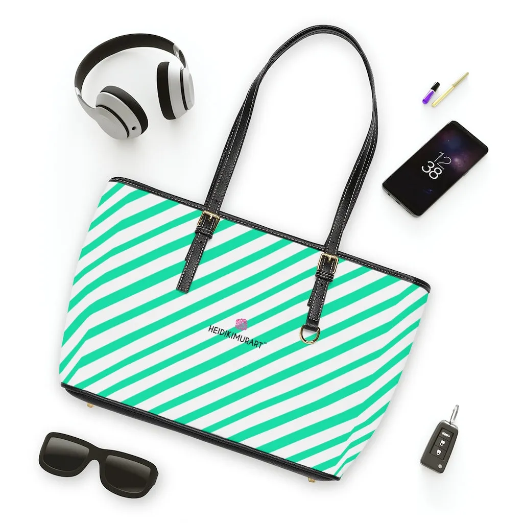 Diagonal Blue Stripes Tote Bag, Best Designer PU Leather Shoulder Hand Work Bag 17"x11"/ 16"x10"