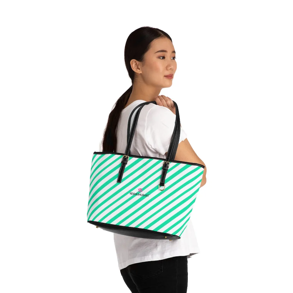 Diagonal Blue Stripes Tote Bag, Best Designer PU Leather Shoulder Hand Work Bag 17"x11"/ 16"x10"