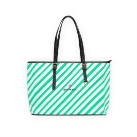 Diagonal Blue Stripes Tote Bag, Best Designer PU Leather Shoulder Hand Work Bag 17"x11"/ 16"x10"