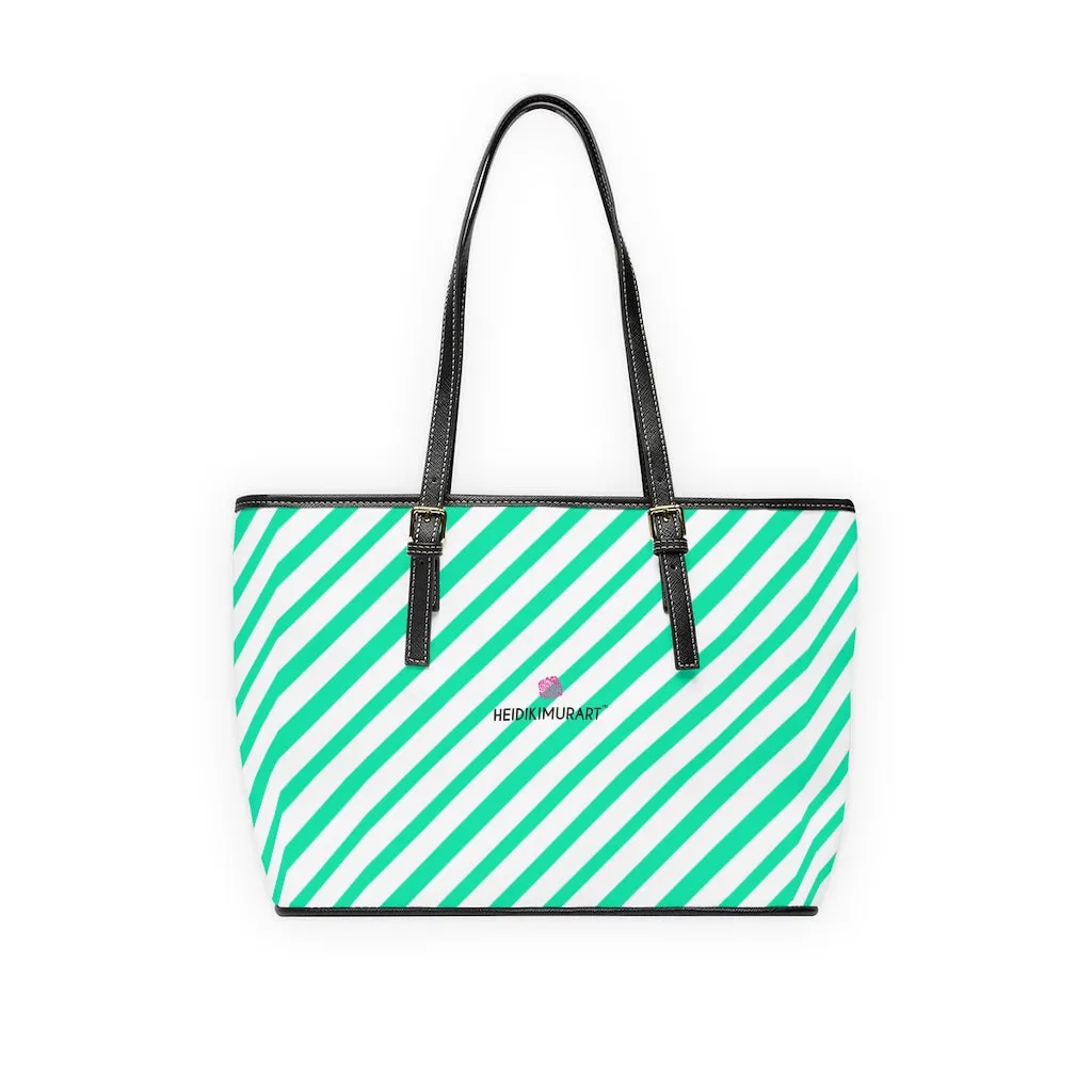 Diagonal Blue Stripes Tote Bag, Best Designer PU Leather Shoulder Hand Work Bag 17"x11"/ 16"x10"