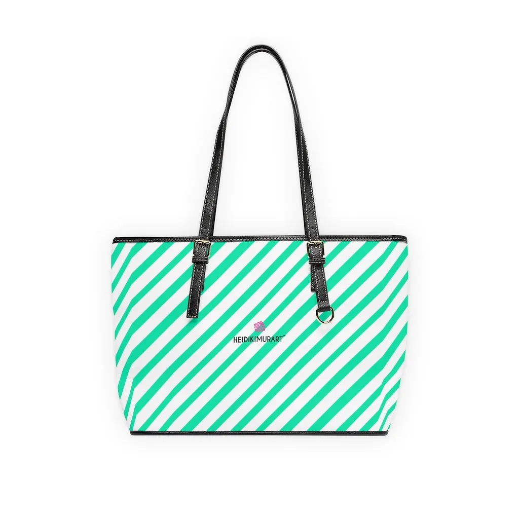 Diagonal Blue Stripes Tote Bag, Best Designer PU Leather Shoulder Hand Work Bag 17"x11"/ 16"x10"