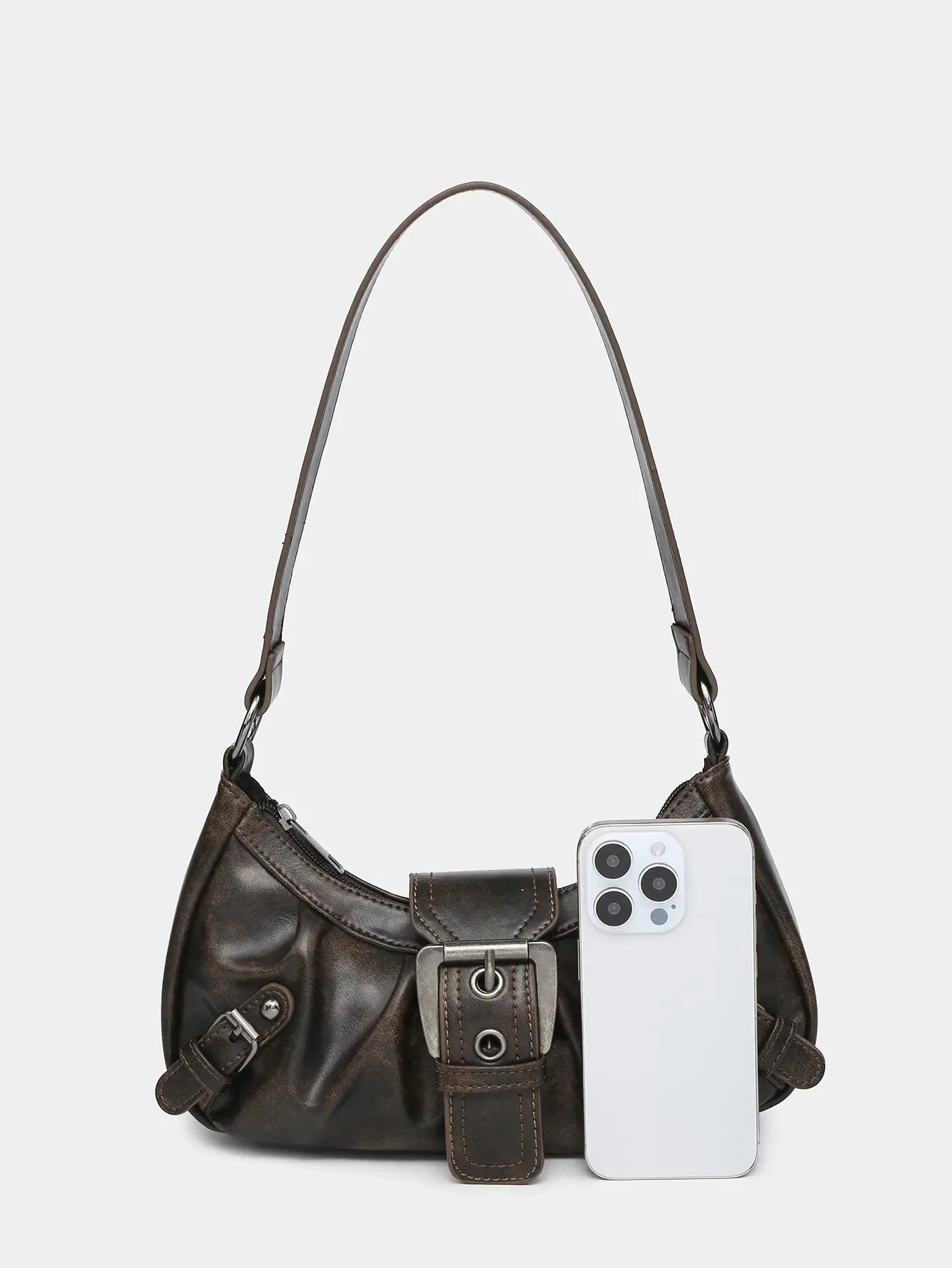 Exquisite Fashion Maillard Style Leather Shoulder Saddle Handbag Purse Vintage Underarm Rivet Belt Trendy Retro Bags