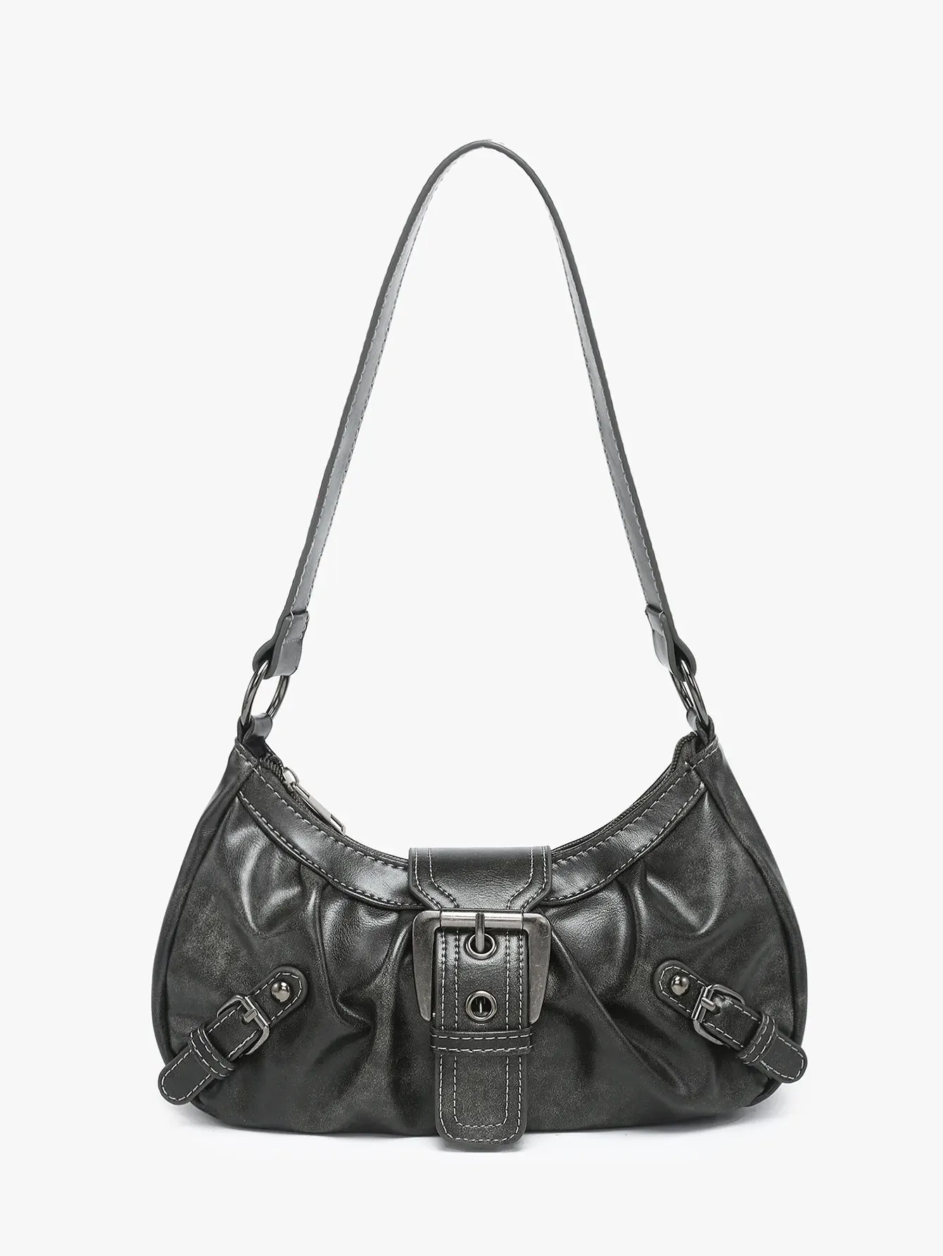 Exquisite Fashion Maillard Style Leather Shoulder Saddle Handbag Purse Vintage Underarm Rivet Belt Trendy Retro Bags
