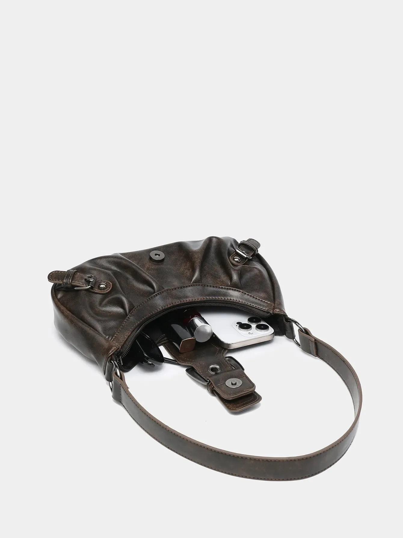 Exquisite Fashion Maillard Style Leather Shoulder Saddle Handbag Purse Vintage Underarm Rivet Belt Trendy Retro Bags