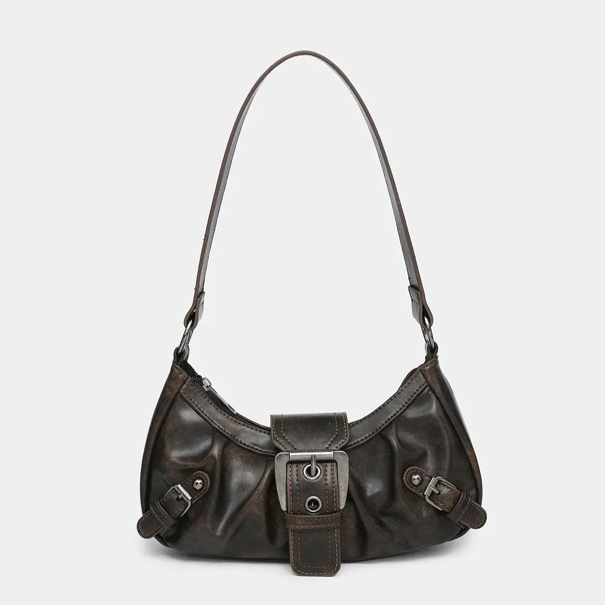 Exquisite Fashion Maillard Style Leather Shoulder Saddle Handbag Purse Vintage Underarm Rivet Belt Trendy Retro Bags