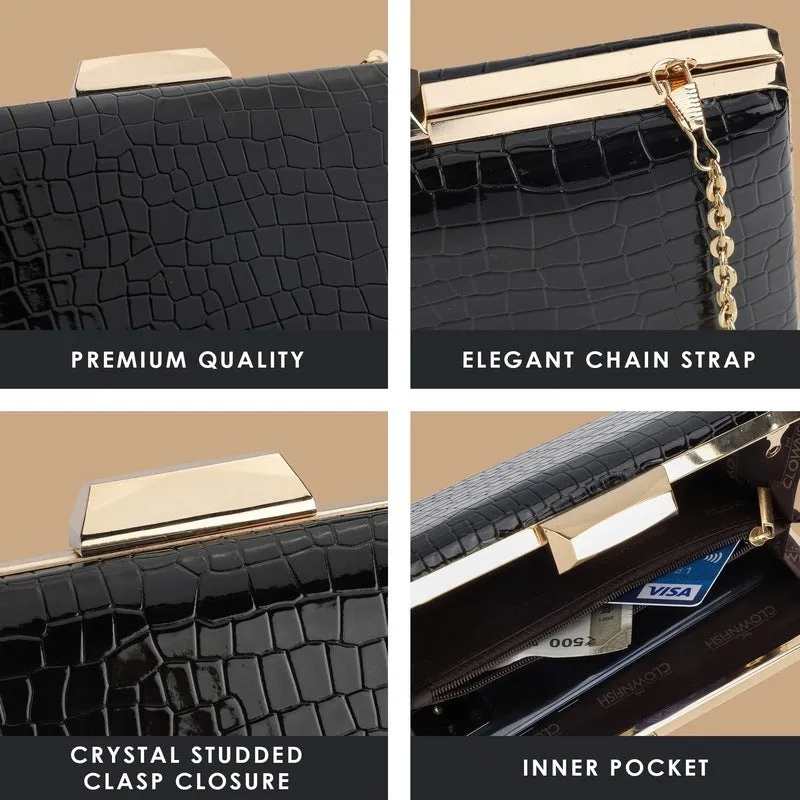 Faux Leather Clutch - Elegant Crystal Clasp | Detachable Chain | 20x4x13 cm | Copper