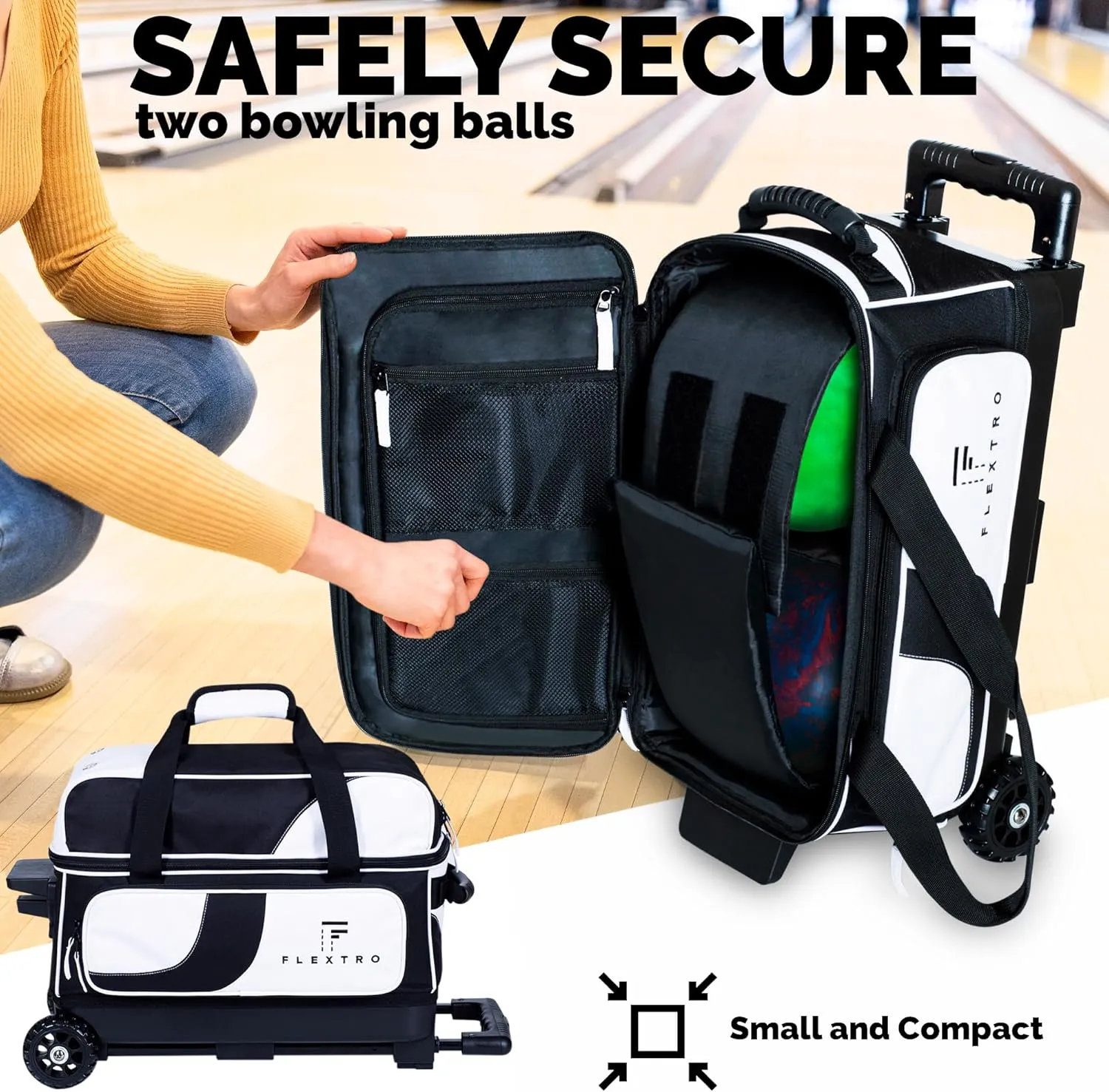 Flextro 2 Ball Bowling Bag with Wheels PLUS Single Ball Bowling Bag; 2 Ball Double Roller Trolley with Compartments for Bowling Equipment and Shoes