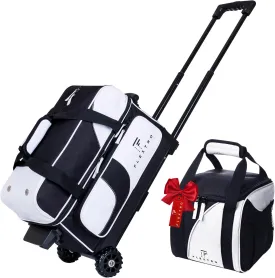 Flextro 2 Ball Bowling Bag with Wheels PLUS Single Ball Bowling Bag; 2 Ball Double Roller Trolley with Compartments for Bowling Equipment and Shoes