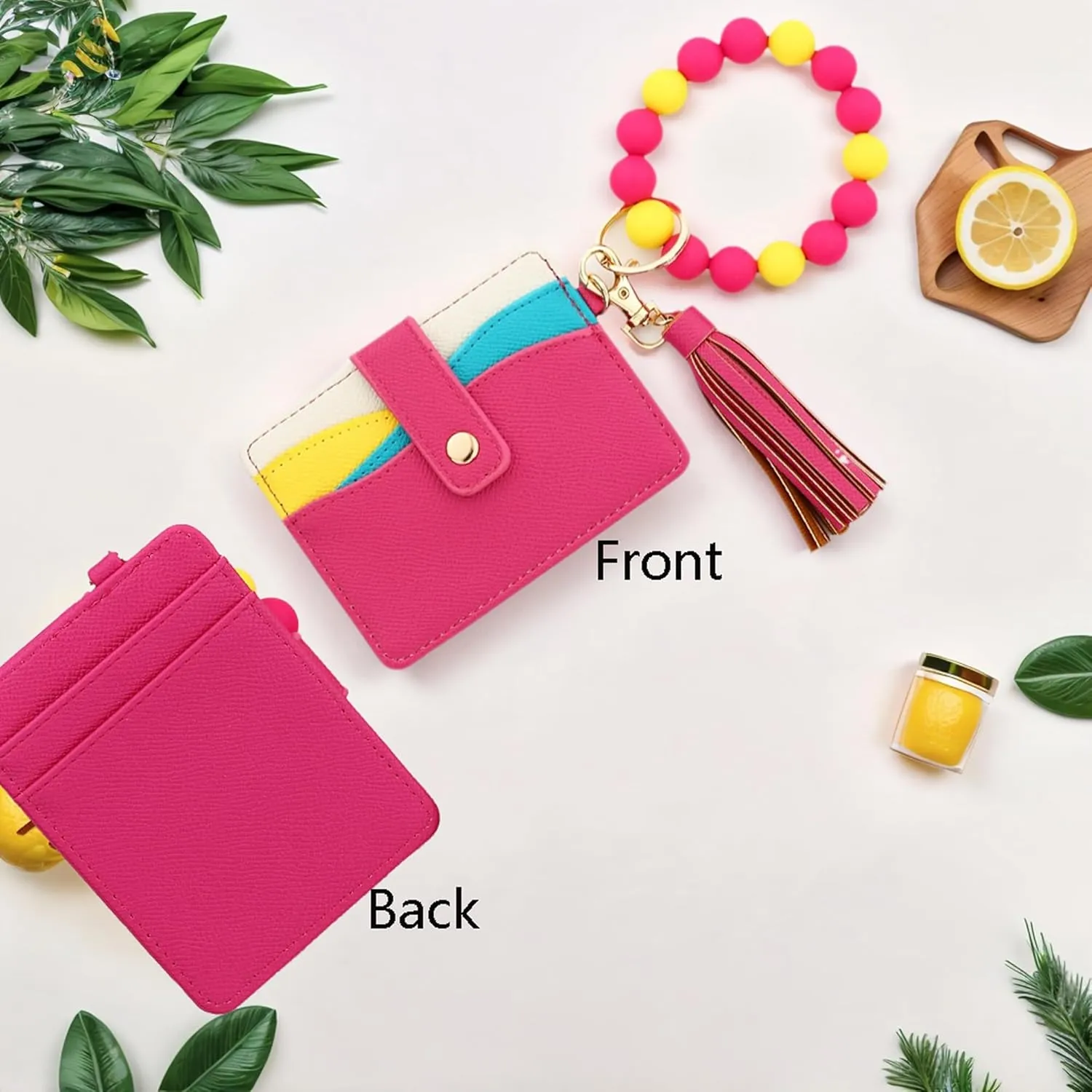 Flower Keychain Wristlet Wallets for Women Cute Silicone Beaded Credit Card Holder Key Ring Bracelet Wallet (Pink2)