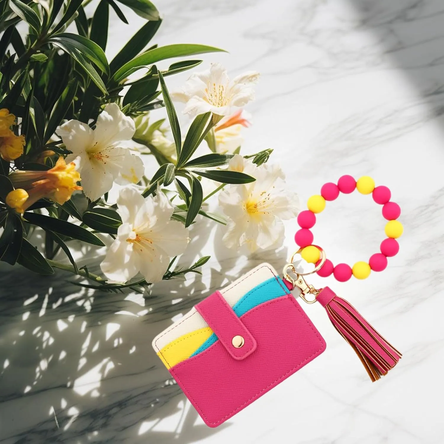 Flower Keychain Wristlet Wallets for Women Cute Silicone Beaded Credit Card Holder Key Ring Bracelet Wallet (Pink2)