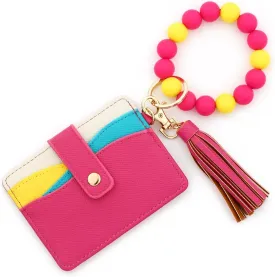 Flower Keychain Wristlet Wallets for Women Cute Silicone Beaded Credit Card Holder Key Ring Bracelet Wallet (Pink2)